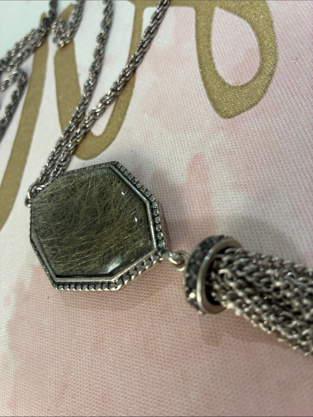 Silver-Tone Tassel Pendant Necklace with Grey Stone